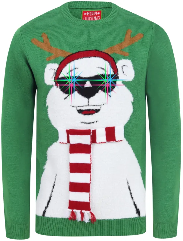 Cool Polar Bear Motif LED Light Up Novelty Christmas Jumper in Green - Merry Christmas sold by Tokyo Laundry