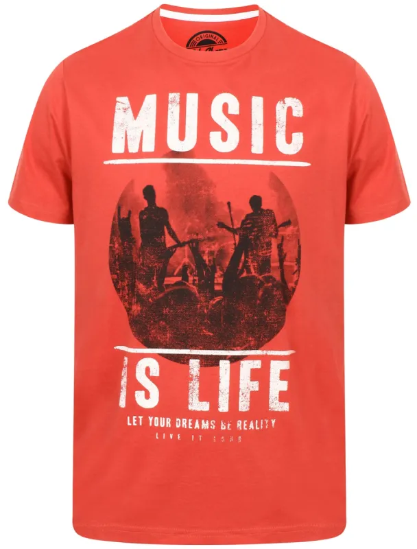 Music Is Life Motif Cotton Crew Neck T-Shirt In Garnet Rose - South Shore sold by Tokyo Laundry