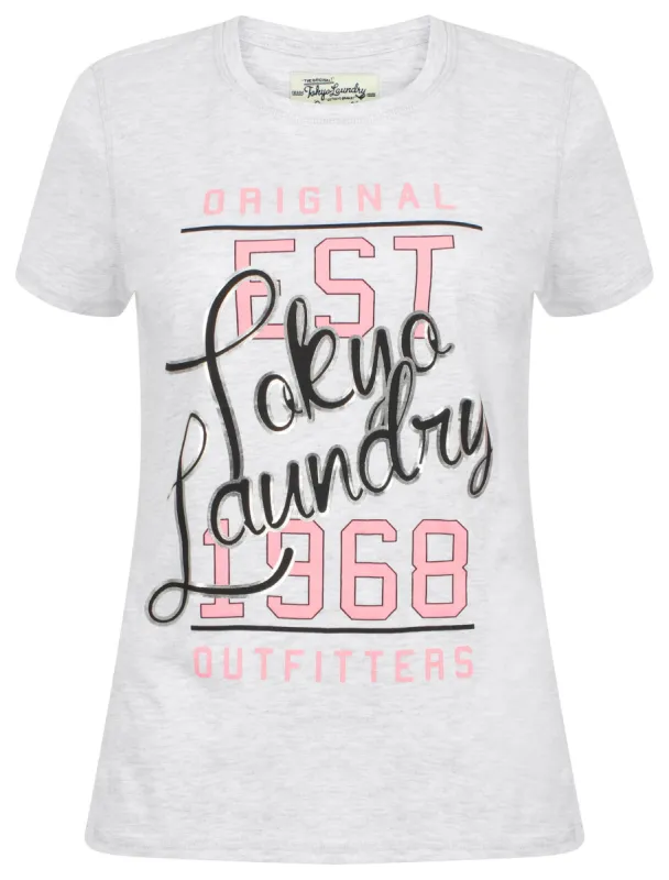 Aliza Foil Motif Cotton Crew Neck T-Shirt In White Grey Marl - Tokyo Laundry sold by Tokyo Laundry