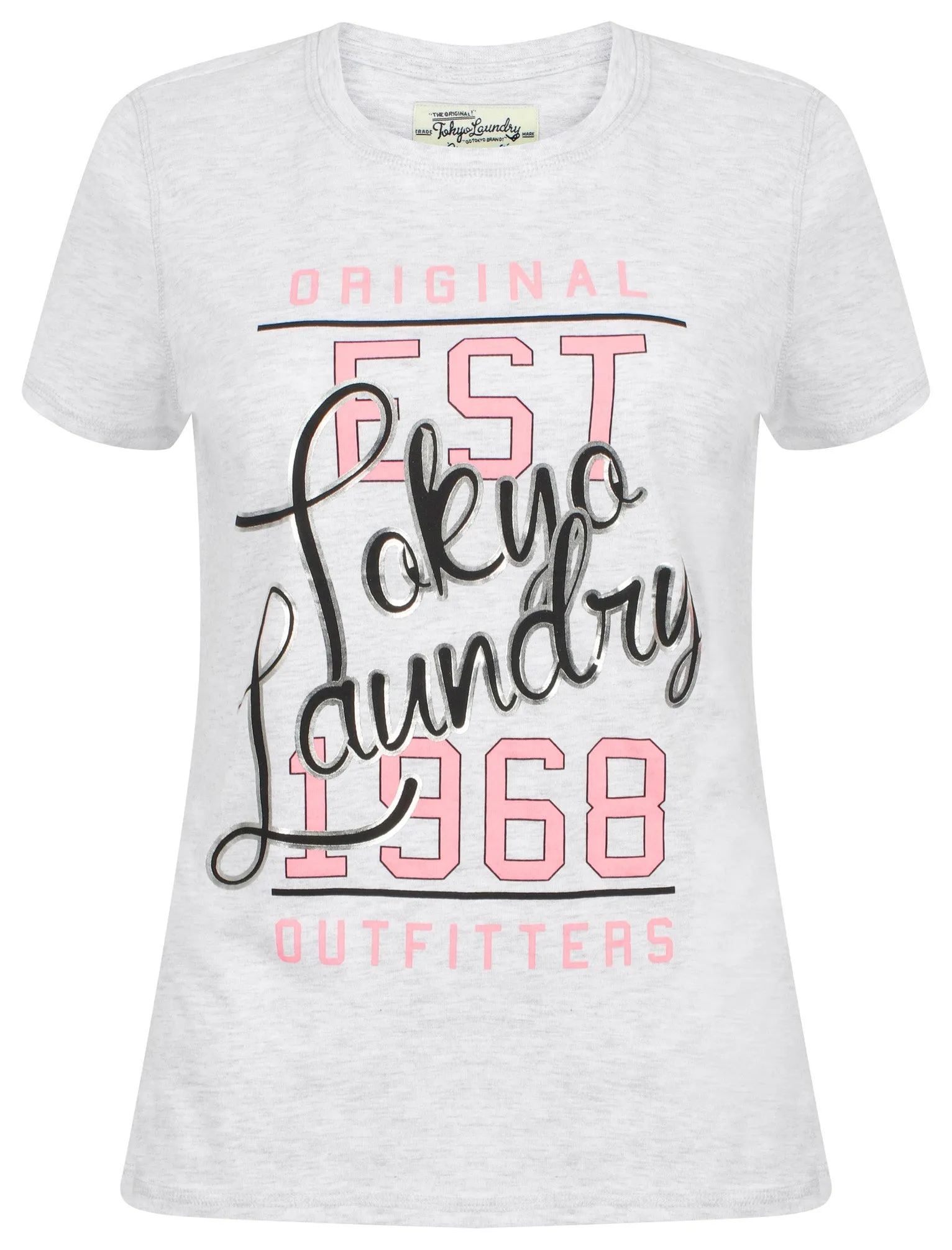 Aliza Foil Motif Cotton Crew Neck T-Shirt In White Grey Marl - Tokyo Laundry sold by Tokyo Laundry