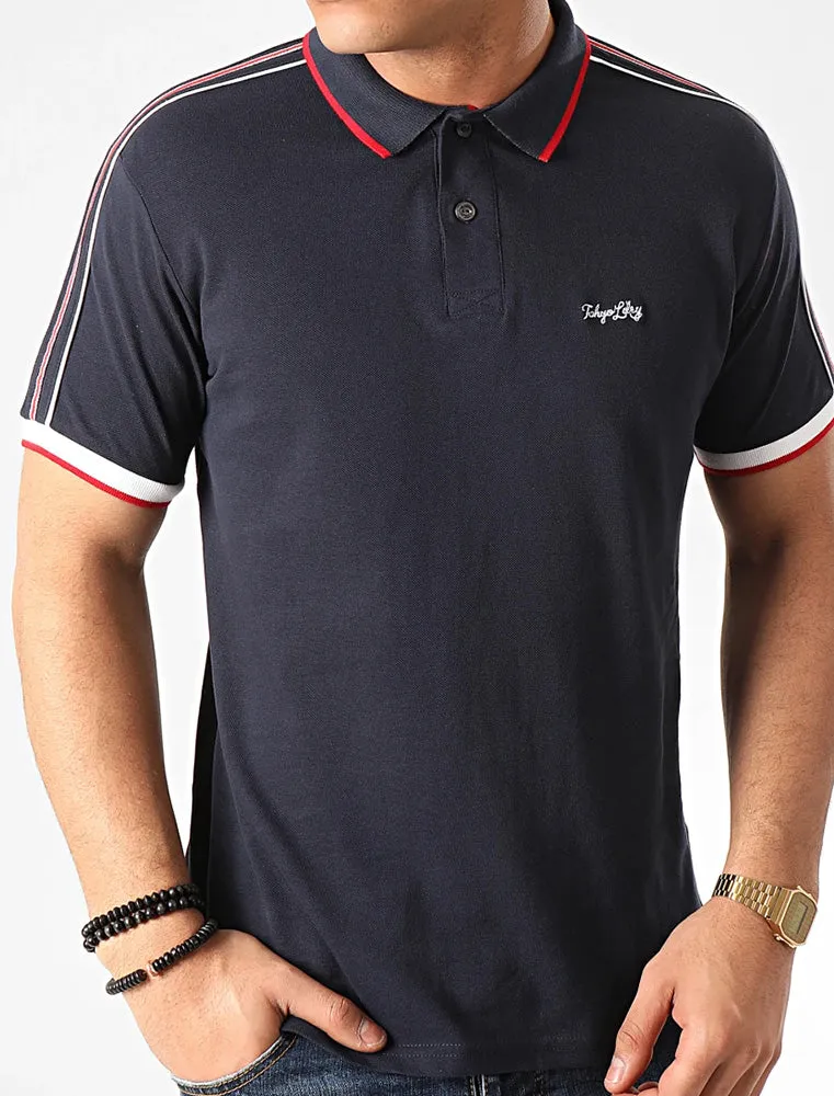 Hitch Cotton Pique Polo Shirt with Stripe Tape Detail In Navy Blazer - Tokyo Laundry sold by Tokyo Laundry