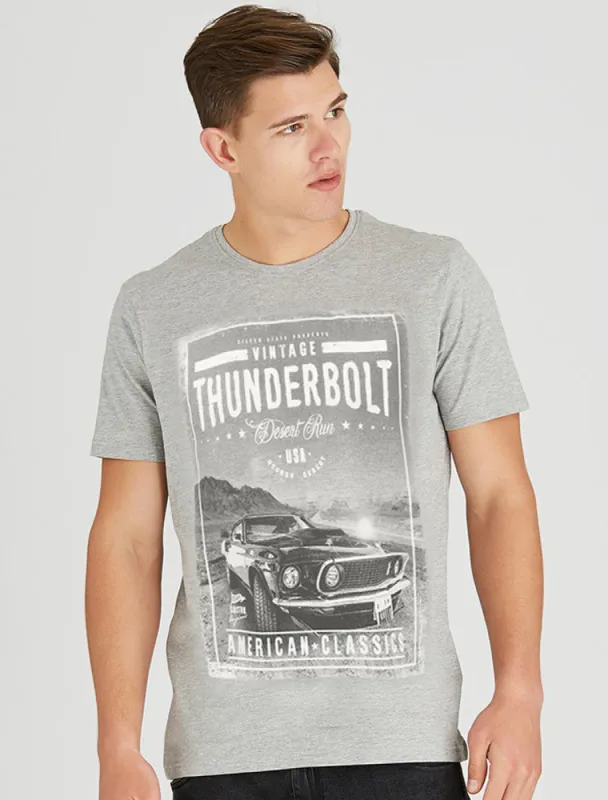 Thunderbolt Motif Cotton Jersey T-Shirt in Light Grey Marl - South Shore sold by Tokyo Laundry