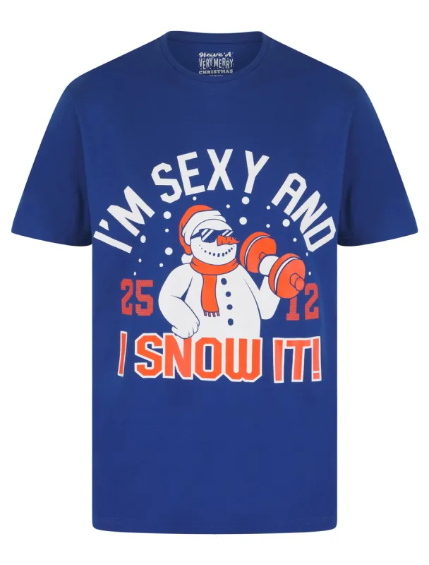 Men's Snowman Weights Motif Novelty Cotton Christmas T-Shirt in Limoges Blue - Merry Christmas sold by Tokyo Laundry