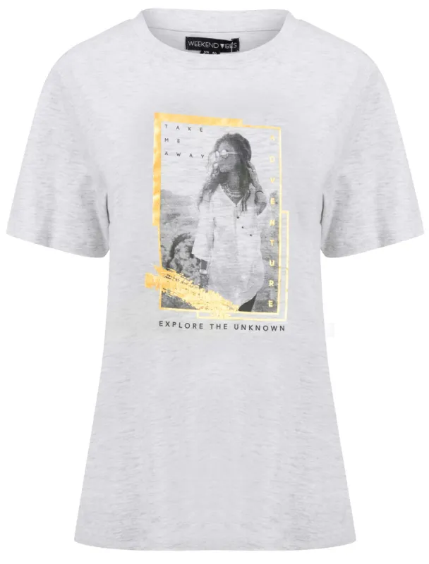 Wanderlust Motif Cotton T-Shirt with Gold Foil Detail in White Grey Marl - Weekend Vibes sold by Tokyo Laundry