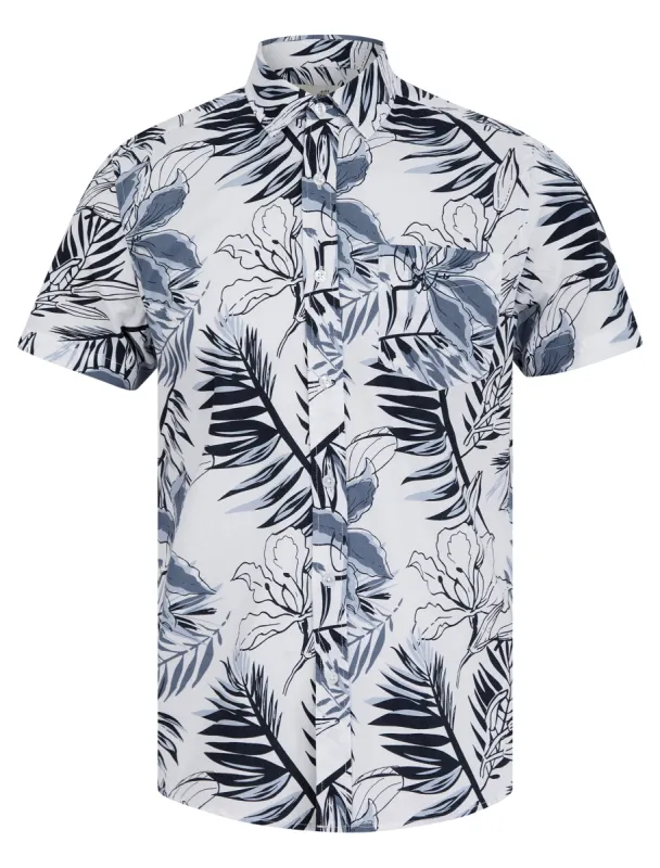 Mahana Tropical Print Short Sleeve Cotton Poplin Hawaiian Shirt in Optic White - Tokyo Laundry sold by Tokyo Laundry