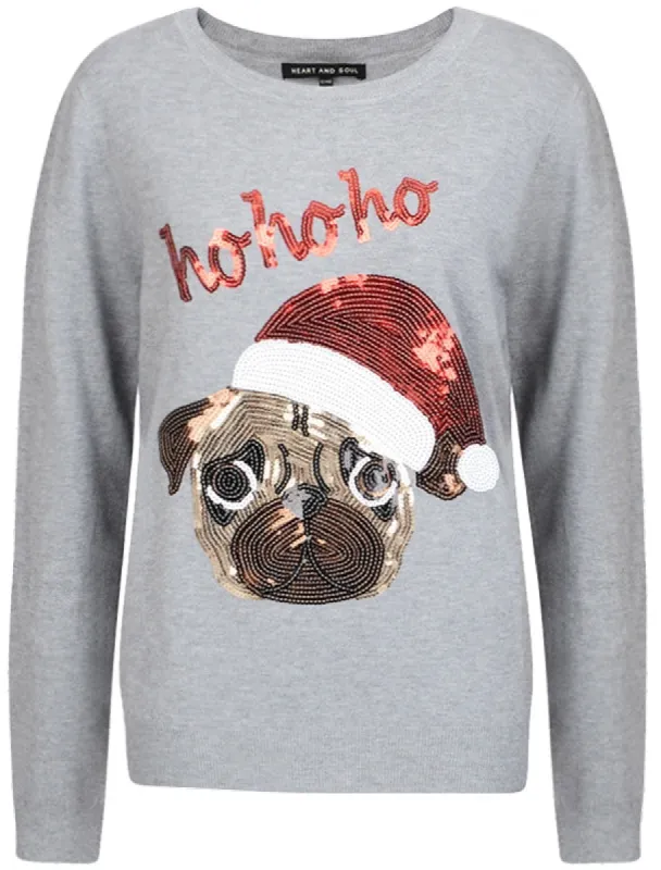 Ladies Ho Ho Ho Sequin Pug Christmas Jumper In Grey sold by Tokyo Laundry