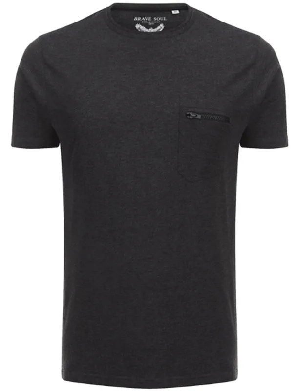 Faustianc Short Sleeve T-Shirt with Zip Chest Pocket in Dark Charcoal Marl sold by Tokyo Laundry