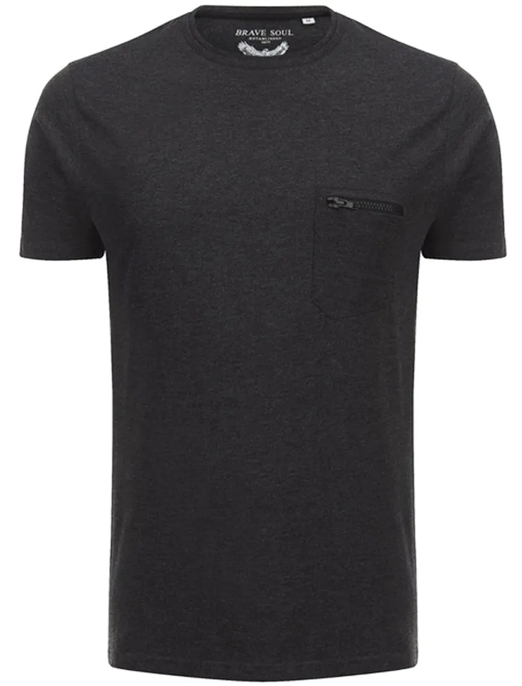 Faustianc Short Sleeve T-Shirt with Zip Chest Pocket in Dark Charcoal Marl sold by Tokyo Laundry