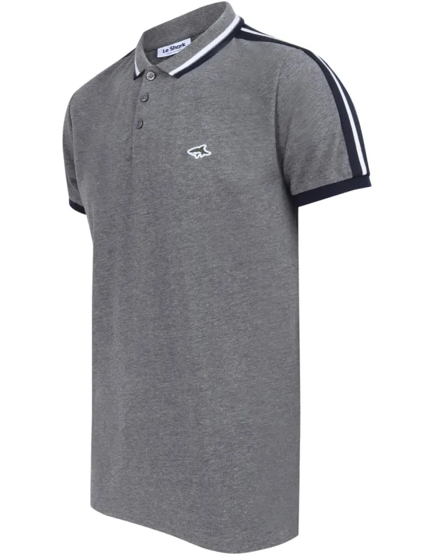 Crown Cotton Pique Polo Shirt with Racer Stripe Sleeves In Mid Grey Marl - Le Shark sold by Tokyo Laundry