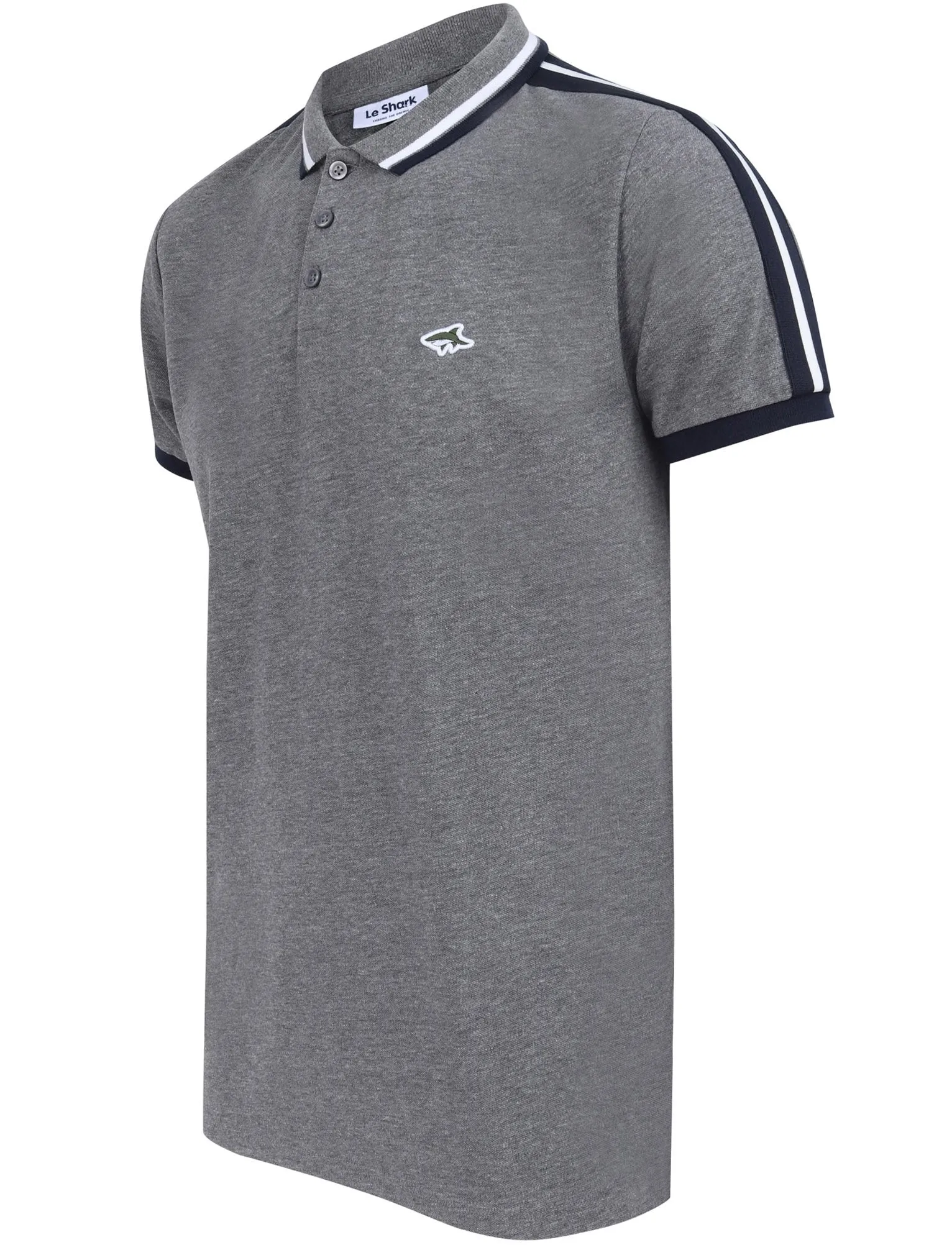 Crown Cotton Pique Polo Shirt with Racer Stripe Sleeves In Mid Grey Marl - Le Shark sold by Tokyo Laundry