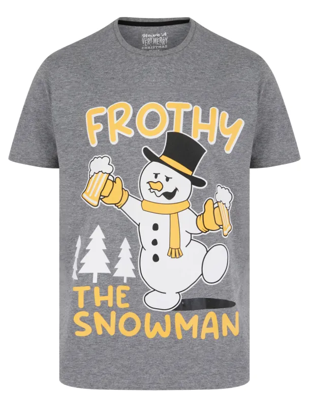 Men's Frothy Snowman Motif Novelty Cotton Christmas T-Shirt in Mid Grey Marl - Merry Christmas sold by Tokyo Laundry