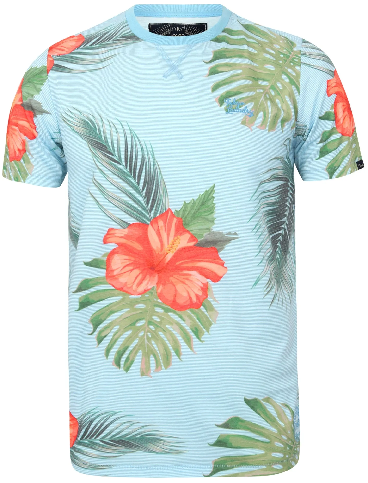 Waikawa Striped Tropical Palm Printed T-Shirt In Blue Fog - Tokyo Laundry sold by Tokyo Laundry