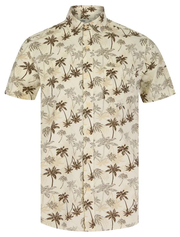 Quintana Palm Leaf Print Short Sleeve Cotton Poplin Hawaiian Shirt in White Onyx - Tokyo Laundry sold by Tokyo Laundry
