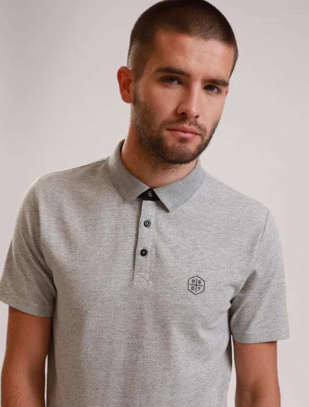 Klaxon Textured Cotton Jersey Polo Shirt in Light Grey Marl - Dissident sold by Tokyo Laundry