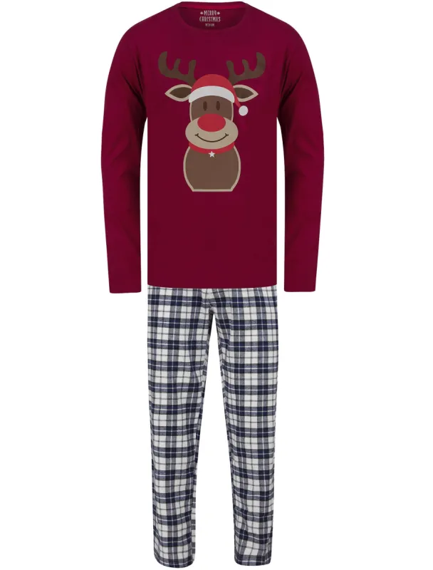 Men's Rudolph Motif 2pc Lounge Pyjama Set in Dark Red / White Navy Check - Merry Christmas sold by Tokyo Laundry