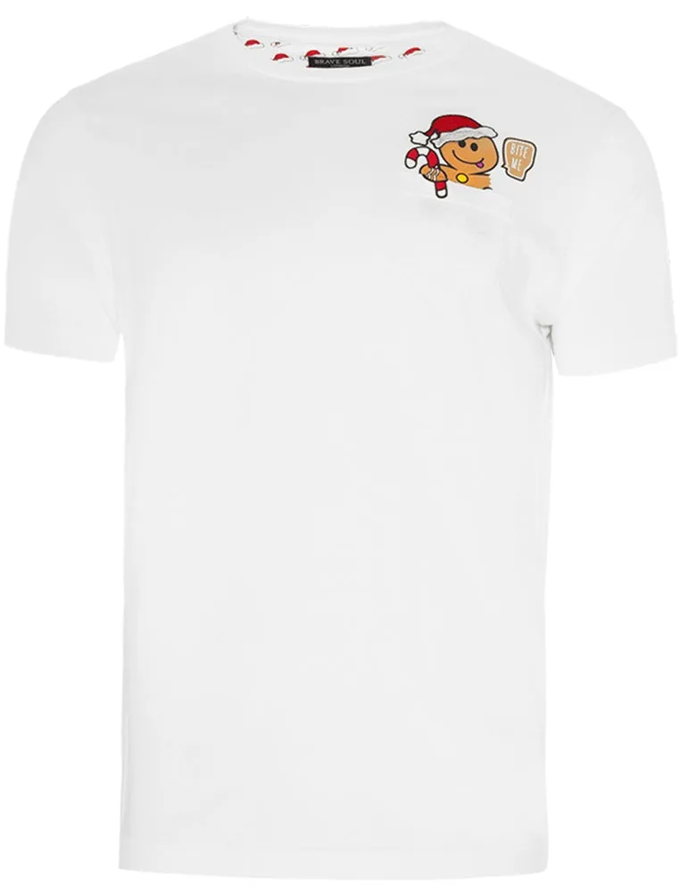 Ginger Bite Me Novelty Christmas T-Shirt with Chest Pocket In White sold by Tokyo Laundry