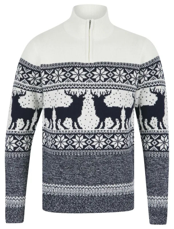 Men's Gullfoss 2 Nordic Fair Isle Jacquard Knit Jumper with Quarter Zip Funnel Neck in Laundered Ecru - Merry Christmas sold by Tokyo Laundry