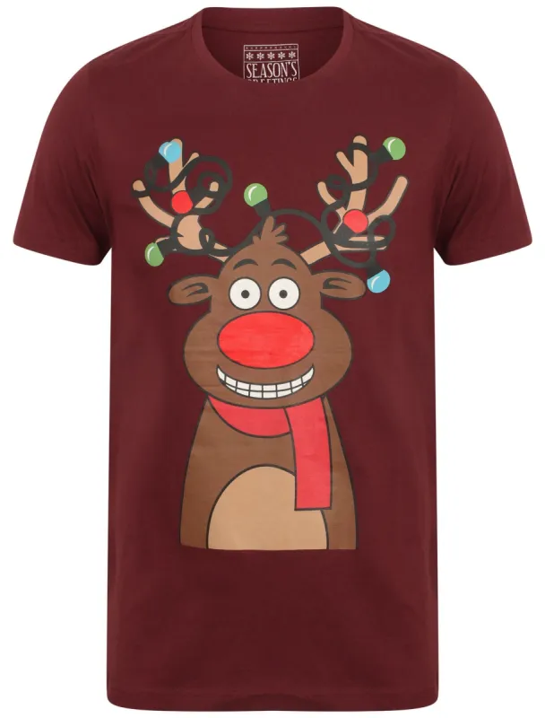 Light Reindeer Novelty Cotton Christmas T-Shirt in Oxblood - Season's Greetings sold by Tokyo Laundry