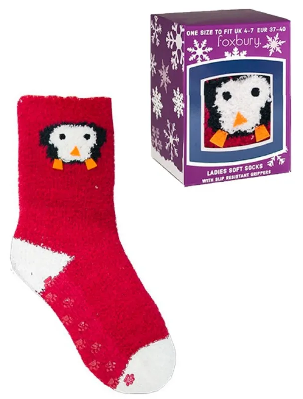 Ladies Stella Chenille Penguin Novelty Socks in Red sold by Tokyo Laundry