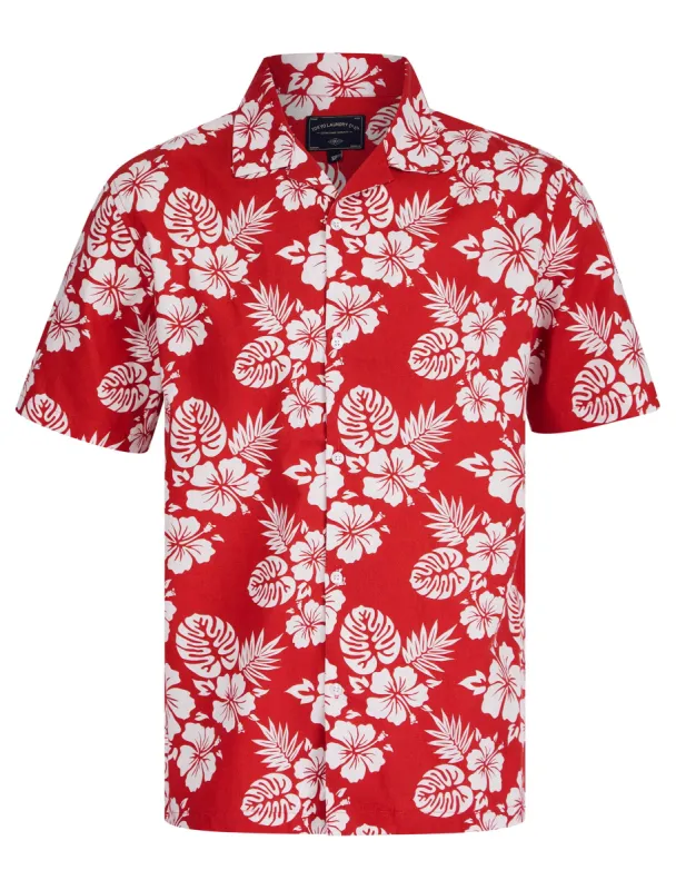 Chambal Floral Print Short Sleeve Open Collar Hawaiian Shirt in Washed Red - Tokyo Laundry sold by Tokyo Laundry