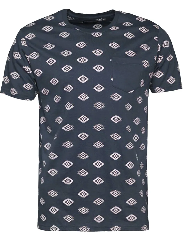 Berdan Aztec Print Crew Neck T-Shirt with Pocket in Navy sold by Tokyo Laundry