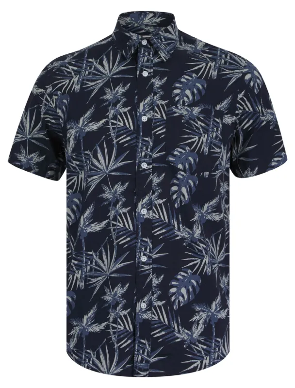 Fortuna Palm Leaf Print Short Sleeve Cotton Poplin Hawaiian Shirt in Sky Captain Navy - Tokyo Laundry sold by Tokyo Laundry