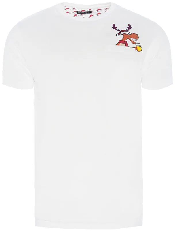 Blitzen Reindeer Novelty Christmas T-Shirt with Chest Pocket In Optic White sold by Tokyo Laundry