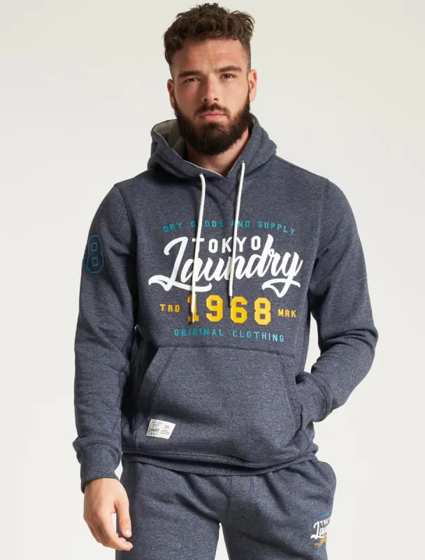 Intent Motif Brushback Fleece Pullover Hoodie in Navy Grindle - Tokyo Laundry sold by Tokyo Laundry