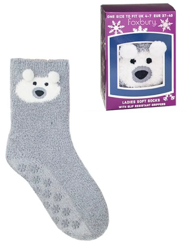 Ladies Stella Chenille Polar Bear Novelty Socks in Grey sold by Tokyo Laundry
