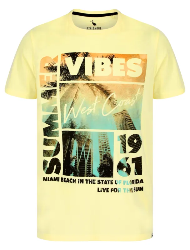West Coast Vibes Motif Cotton Jersey T-Shirt in Pastel Yellow - South Shore sold by Tokyo Laundry
