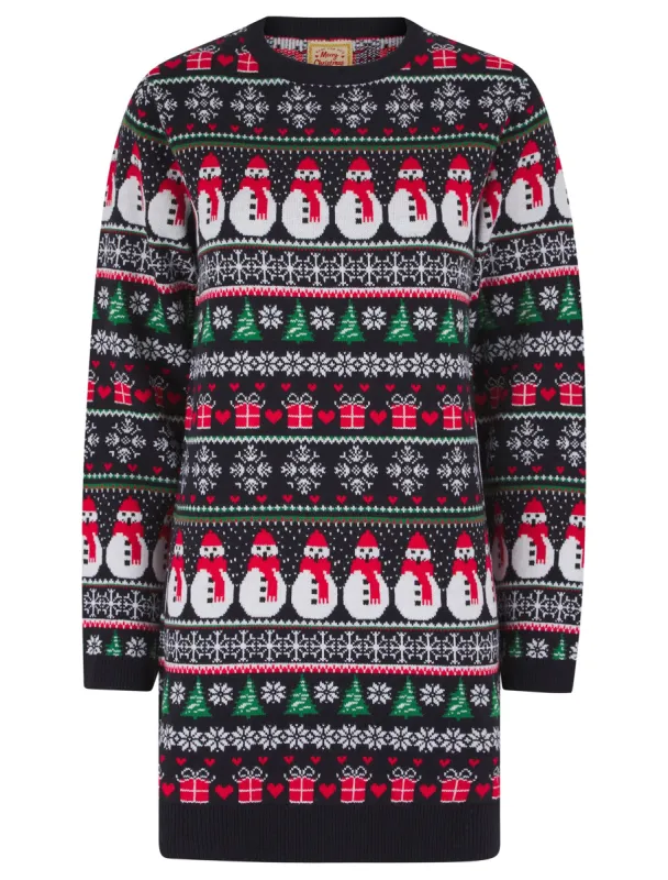 Women's Flakey Novelty Knitted Christmas Jumper Dress in Ink - Merry Christmas sold by Tokyo Laundry