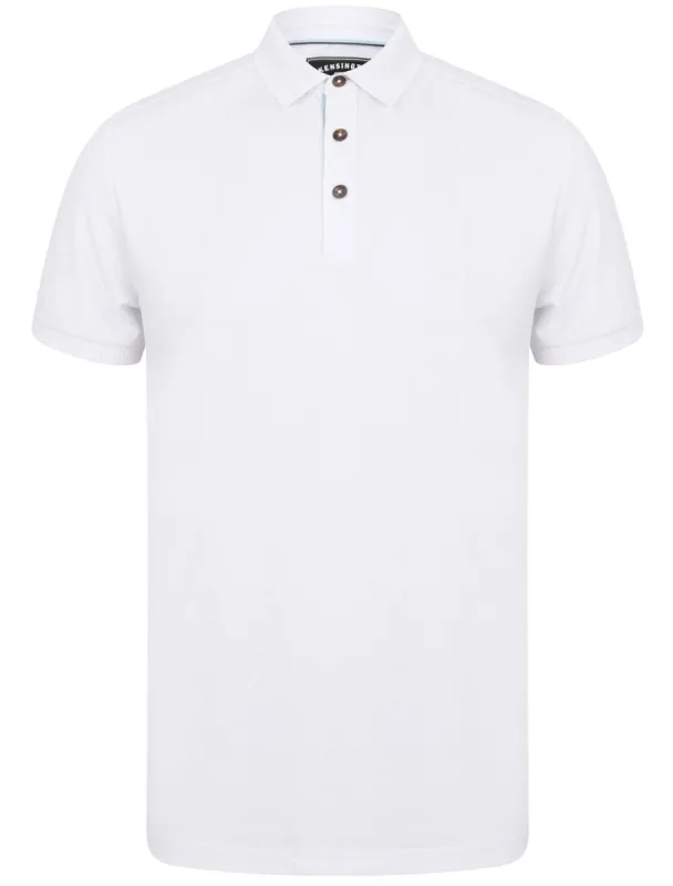 Menotti Cotton Pique Polo Shirt with Jacquard Collar in Bright White - Kensington Eastside sold by Tokyo Laundry
