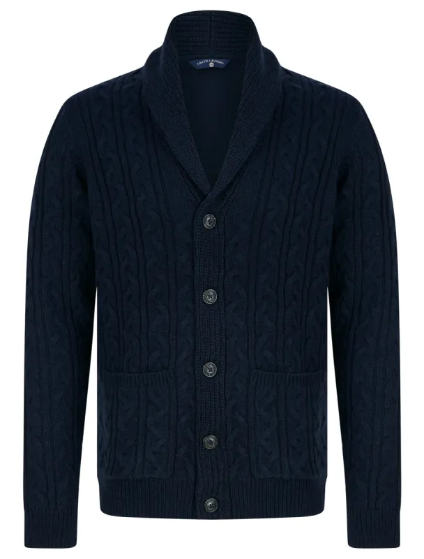Manji 2 Chunky Cable Knitted Cardigan with Shawl Collar in Ink - Tokyo Laundry sold by Tokyo Laundry