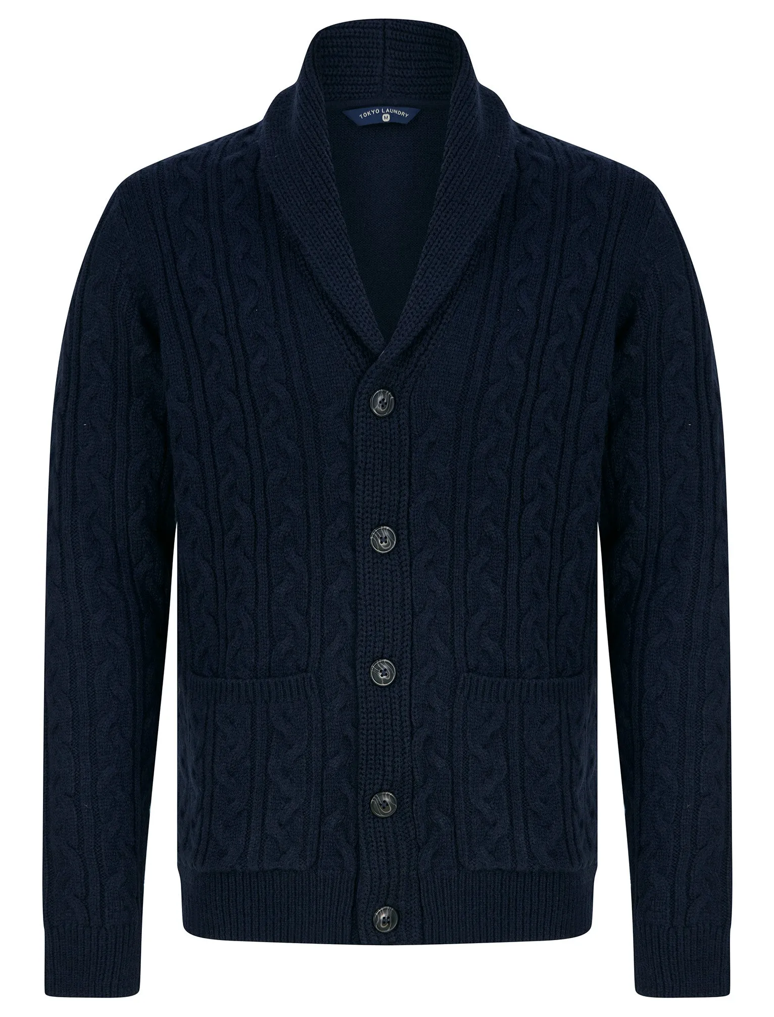 Manji 2 Chunky Cable Knitted Cardigan with Shawl Collar in Ink - Tokyo Laundry sold by Tokyo Laundry