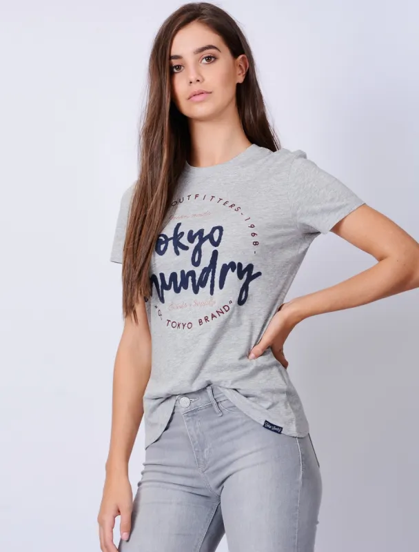 Mikala Flocked Motif Cotton Jersey T-Shirt In Light Grey Marl - Tokyo Laundry sold by Tokyo Laundry