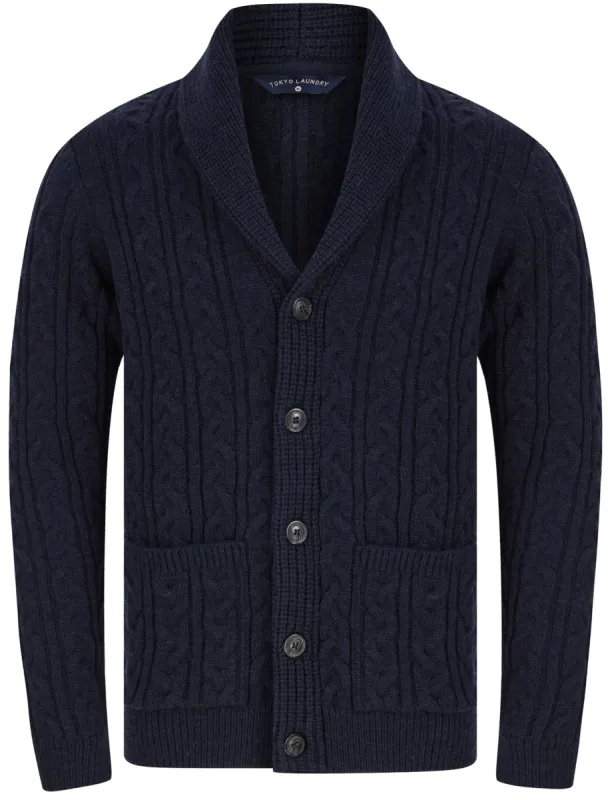 Manji Cable Knitted Wool Blend Cardigan with Shawl Collar In Ink - Tokyo Laundry sold by Tokyo Laundry