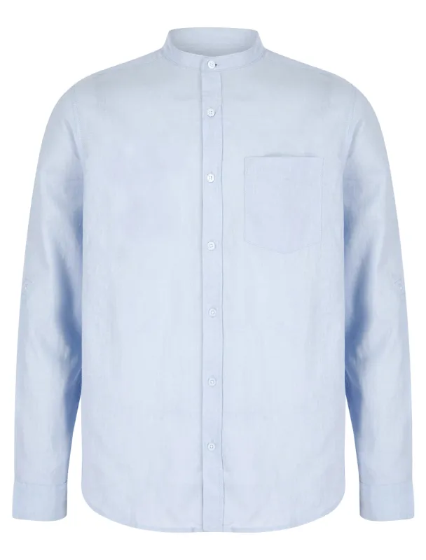 Gosier Grandad Collar Long Sleeve Cotton Linen Shirt in Soft Blue - Tokyo Laundry sold by Tokyo Laundry