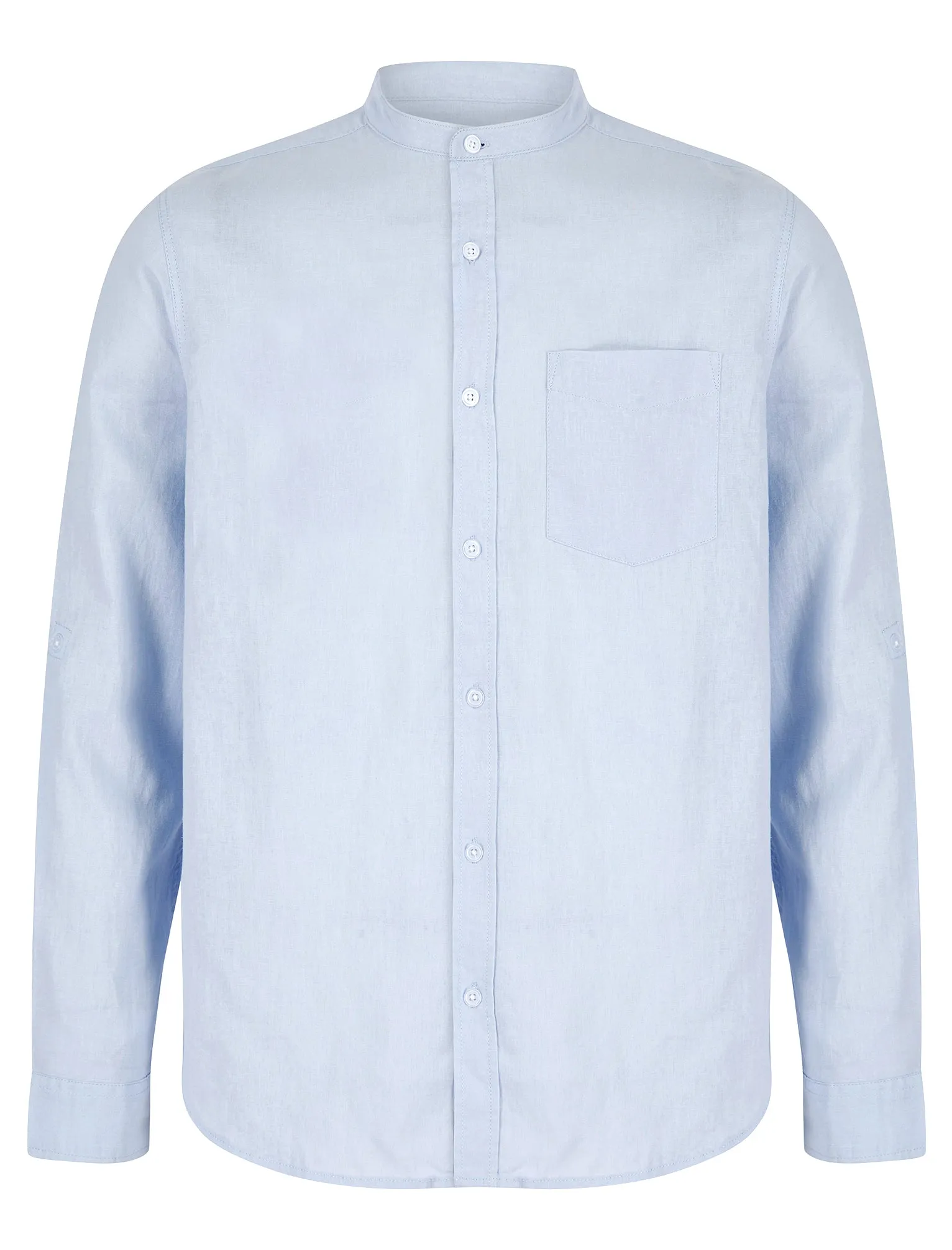 Gosier Grandad Collar Long Sleeve Cotton Linen Shirt in Soft Blue - Tokyo Laundry sold by Tokyo Laundry