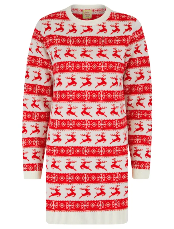 Women's Vixen Novelty Knitted Christmas Jumper Dress in Gardenia - Merry Christmas sold by Tokyo Laundry