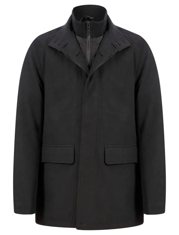 Indus Wool Look Funnel Neck Collar Tailored Coat with Quilted Mock Insert in Black - Tokyo Laundry sold by Tokyo Laundry