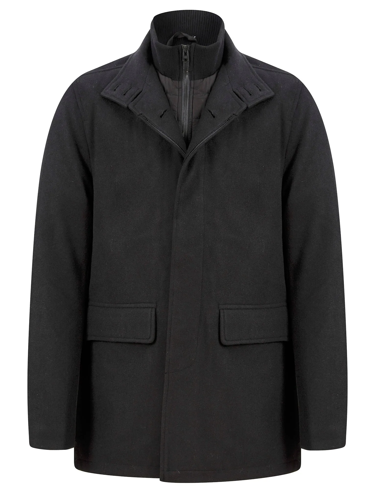 Indus Wool Look Funnel Neck Collar Tailored Coat with Quilted Mock Insert in Black - Tokyo Laundry sold by Tokyo Laundry