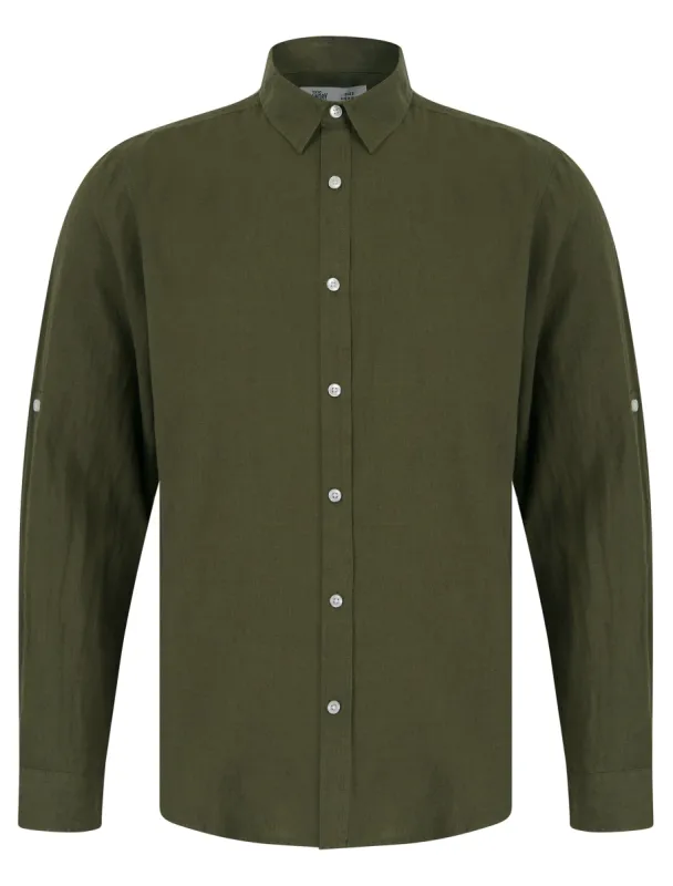 Helios Classic Collar Long Sleeve Cotton Linen Shirt in Ivy Green - Tokyo Laundry sold by Tokyo Laundry