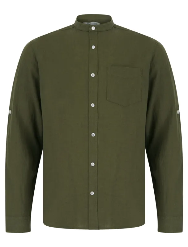 Gosier Grandad Collar Long Sleeve Cotton Linen Shirt in Ivy Green - Tokyo Laundry sold by Tokyo Laundry