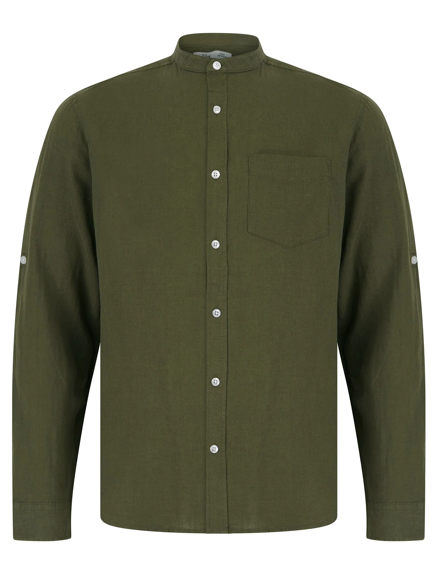 Gosier Grandad Collar Long Sleeve Cotton Linen Shirt in Ivy Green - Tokyo Laundry sold by Tokyo Laundry