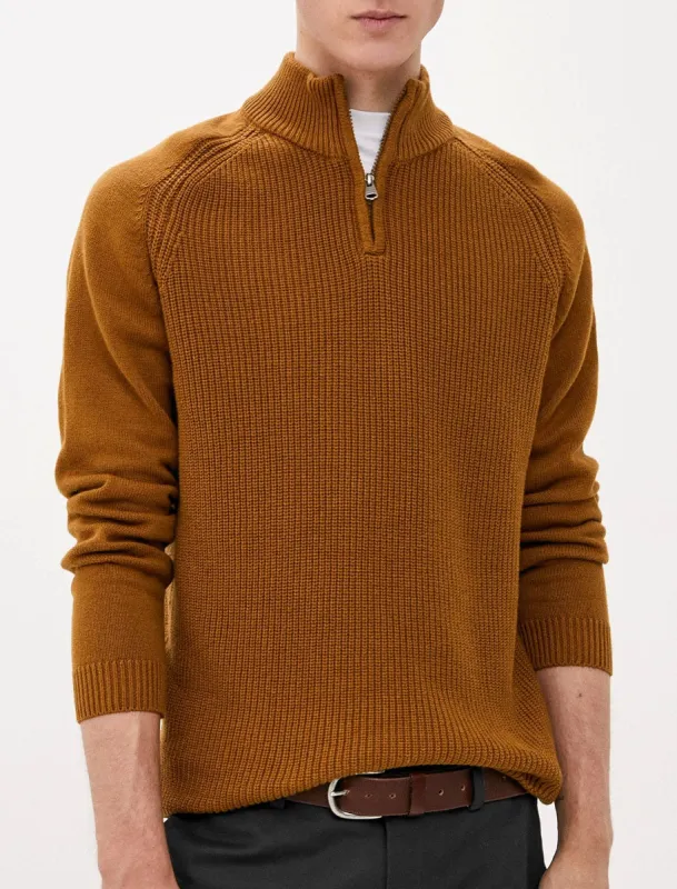 Kinkle Half Zip Cotton Knitted Jumper In Rubber Brown - Kensington Eastside sold by Tokyo Laundry
