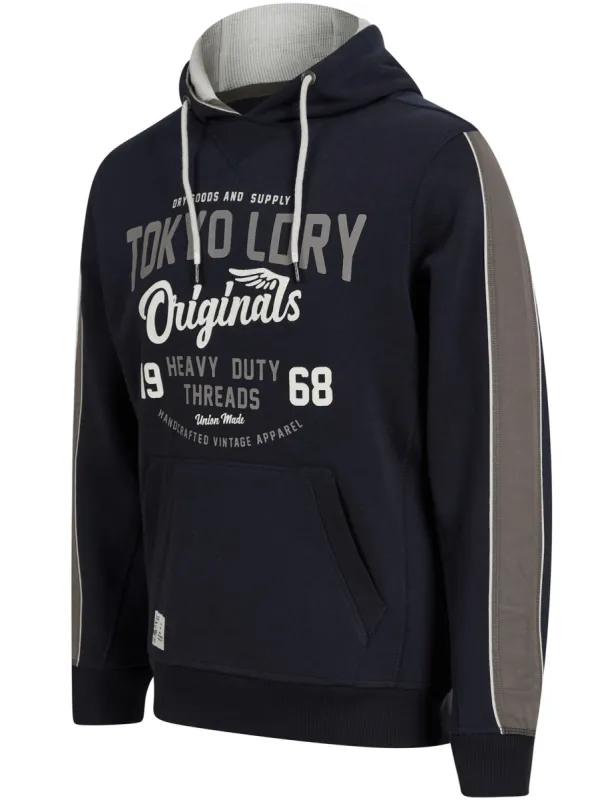 Travel Motif Brushback Fleece Pullover Hoodie with Tape Detail in Sky Captain Navy - Tokyo Laundry sold by Tokyo Laundry