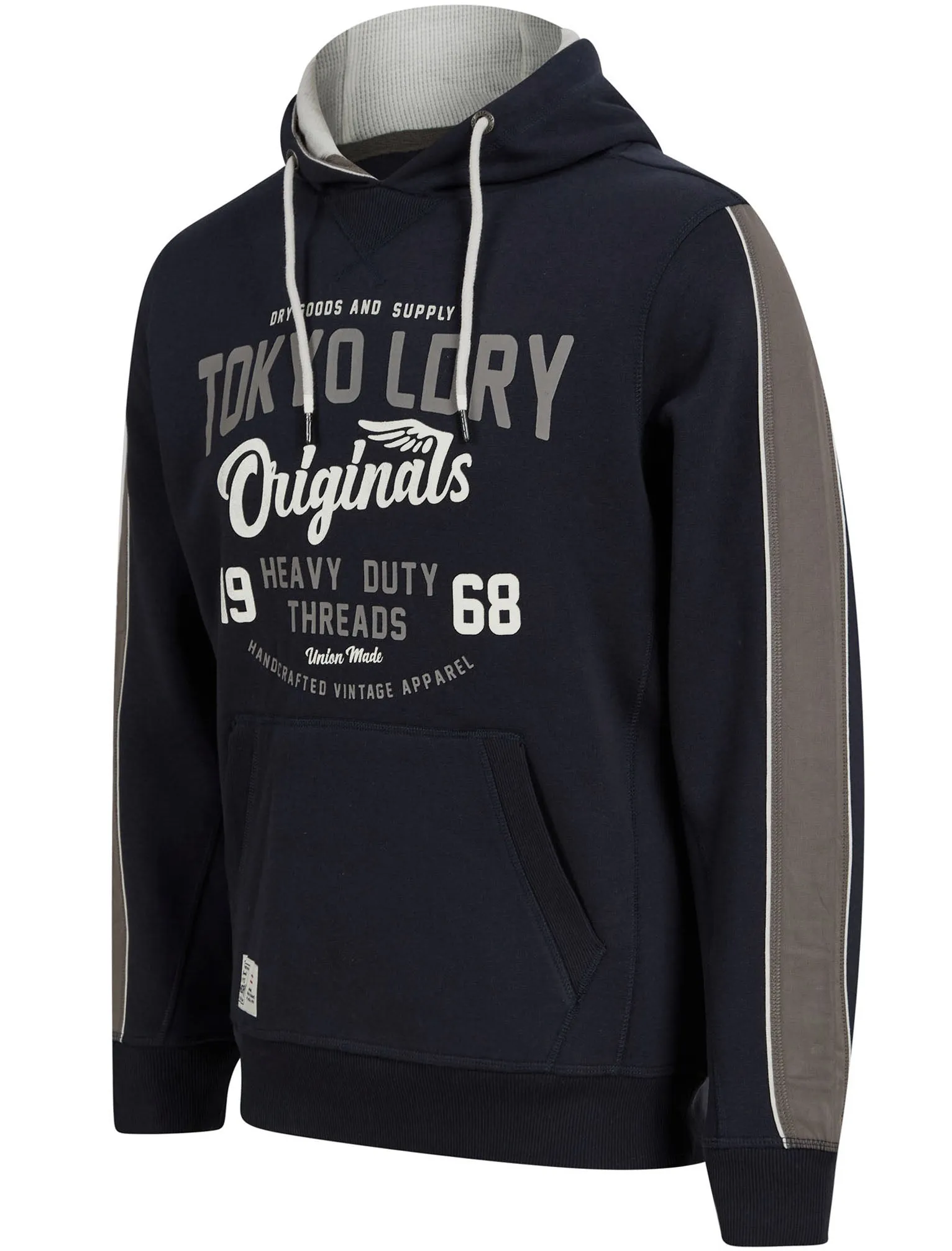 Travel Motif Brushback Fleece Pullover Hoodie with Tape Detail in Sky Captain Navy - Tokyo Laundry sold by Tokyo Laundry