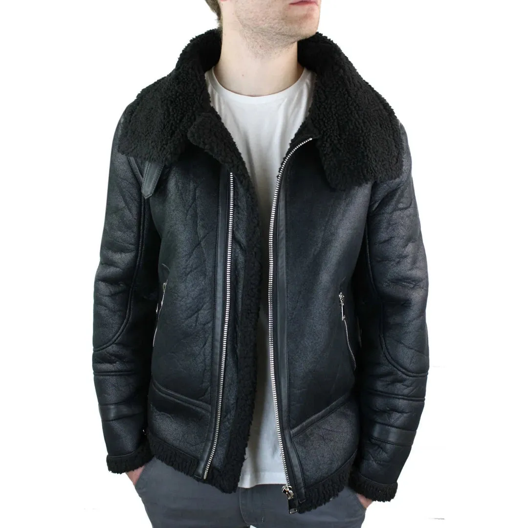 Men's Shearling Sheepskin Faux Fur B3 Aviator Flying Jacket RAF Black Winter Warm sold by Tru Clothing