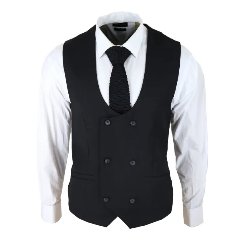 Marco - Men's Double Breasted Scoop  Black Waistcoat sold by Tru Clothing