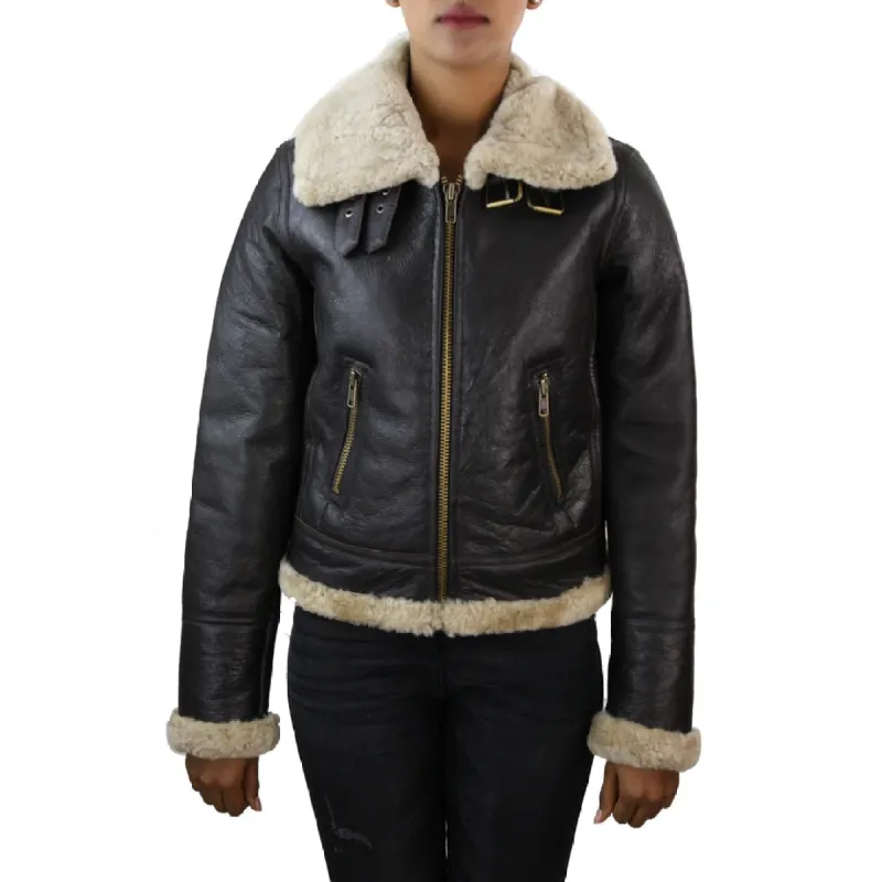 Women's Sheepskin Leather Coat Brown Beige Fur Women's Flying Jacket sold by Tru Clothing